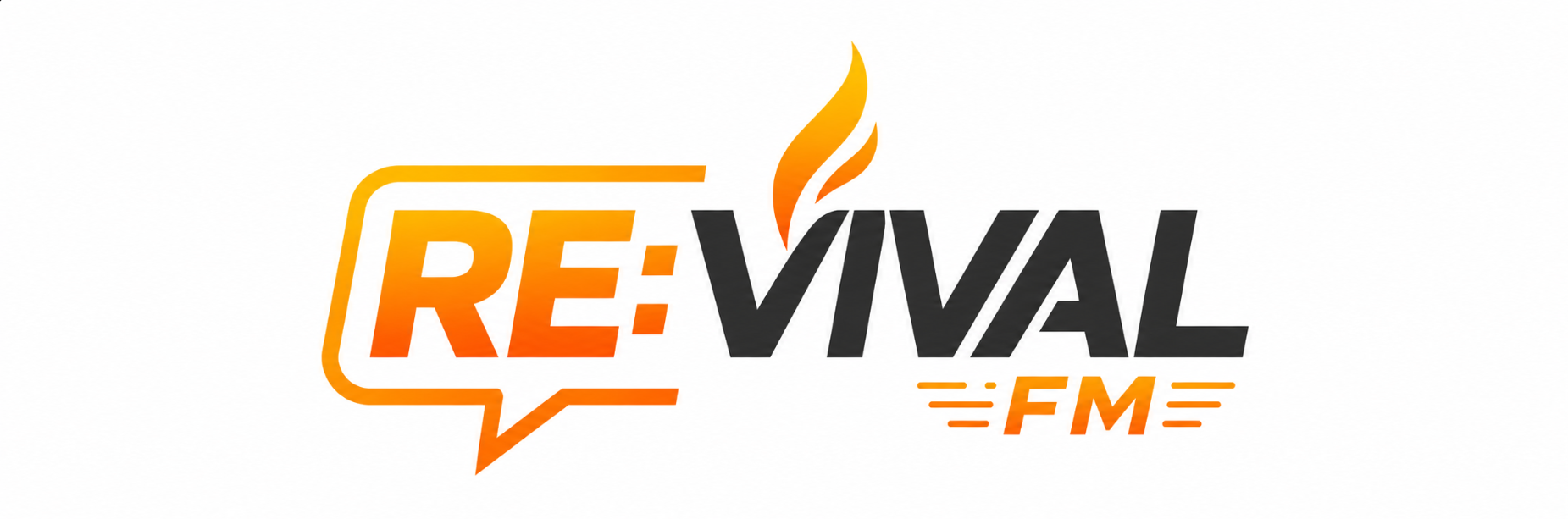 Revival FM logo featuring orange and black lettering, a speech-bubble outline, and a flame above the word Revival.
